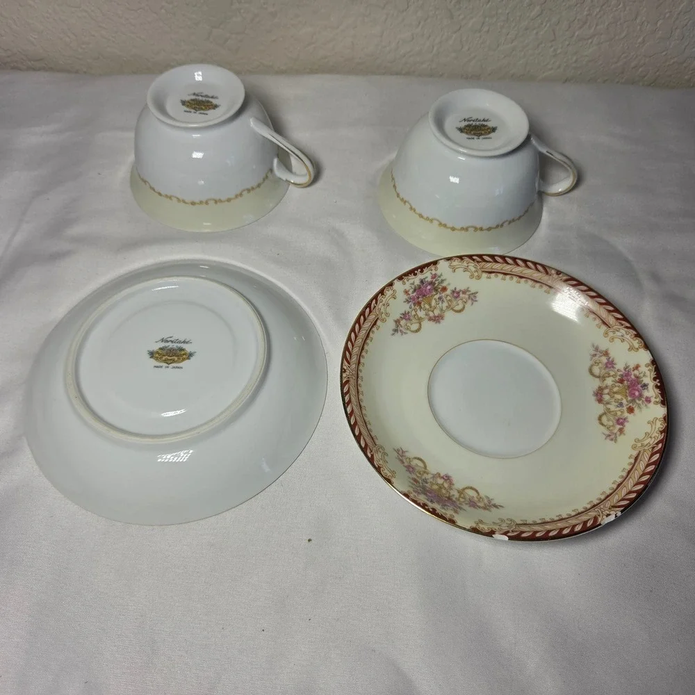 Noritake Vintage Teacup and Saucer Set of 2 Floral Gold Trim Cream Japan